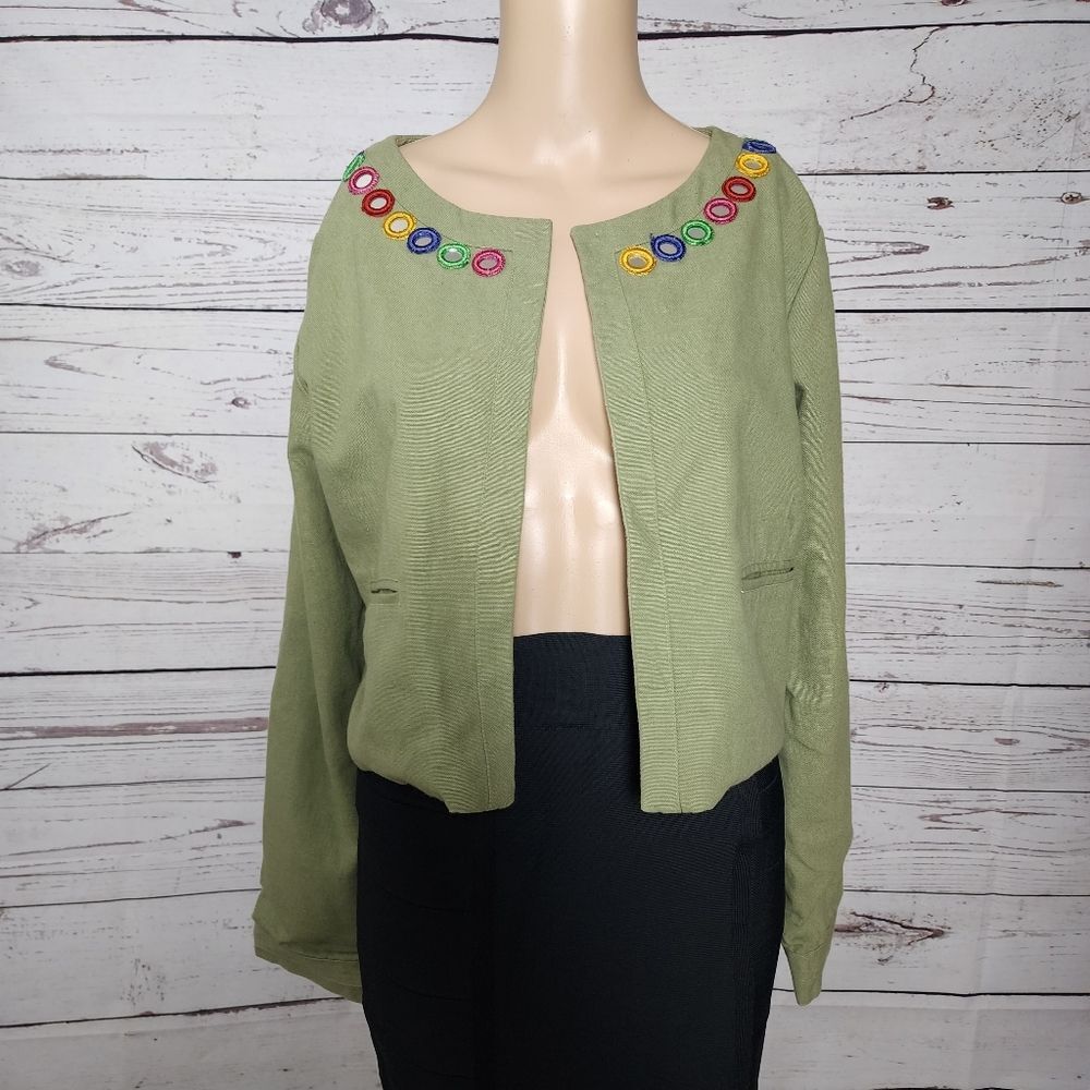 Candela 100% Cotton Green Cropped Cardigan Rainbow Trim Size 36 NWT